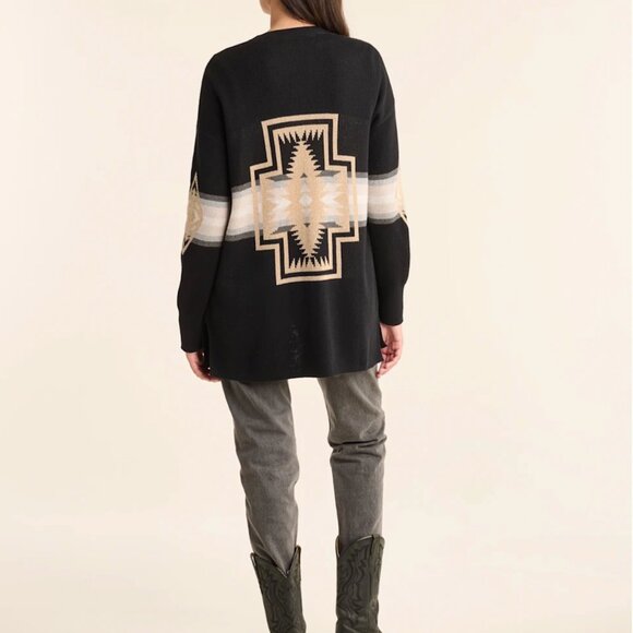 Pendleton Sweaters - Pendleton Black Sweater Cardigan with Tan and Cream Geometric Panel